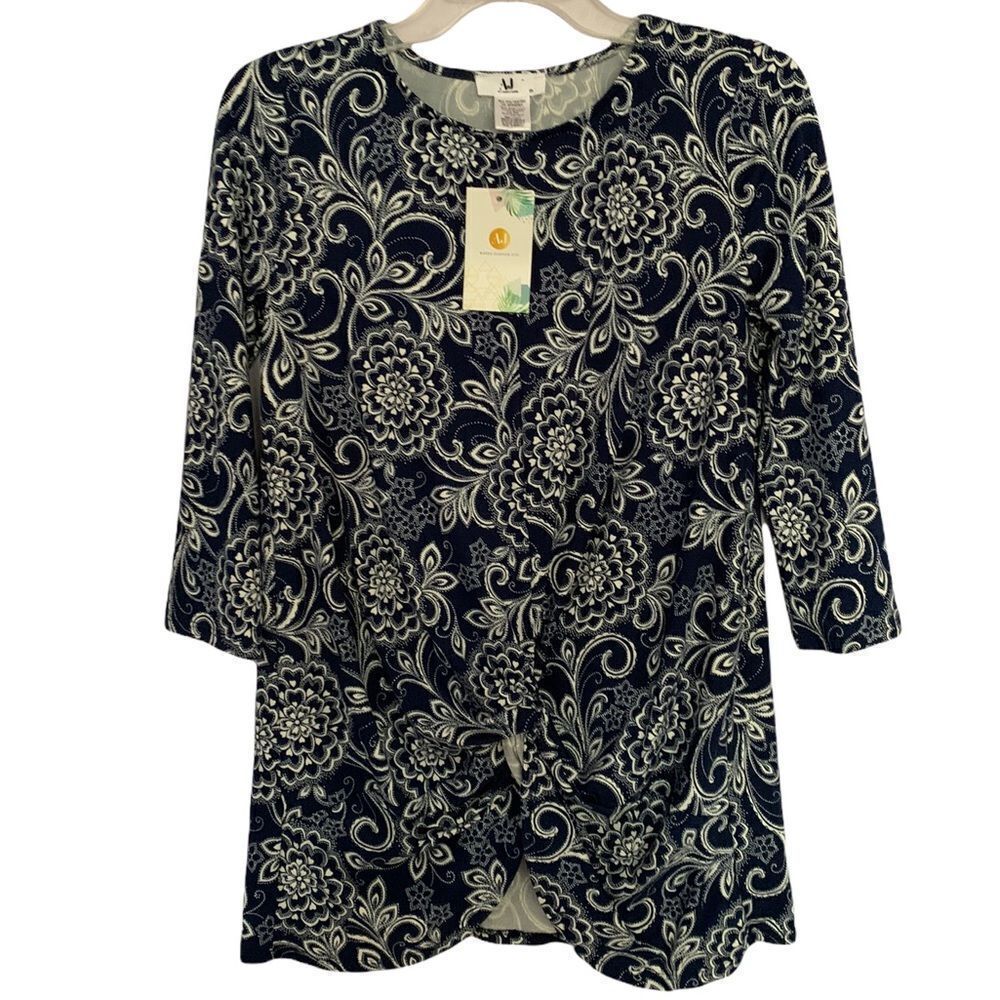 AJ Amelia James Navy White Floral Gathered Front Blouse